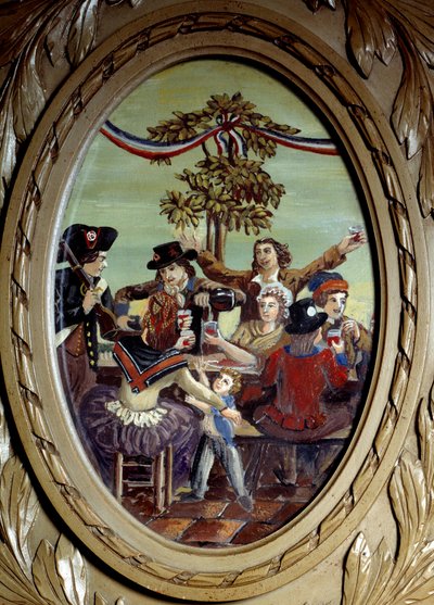 Französische Revolution: Das republikanische Mahl im Café Le Procope in Paris Anonymes Gemälde. 18. Jahrhundert Paris, Le Procope von French School