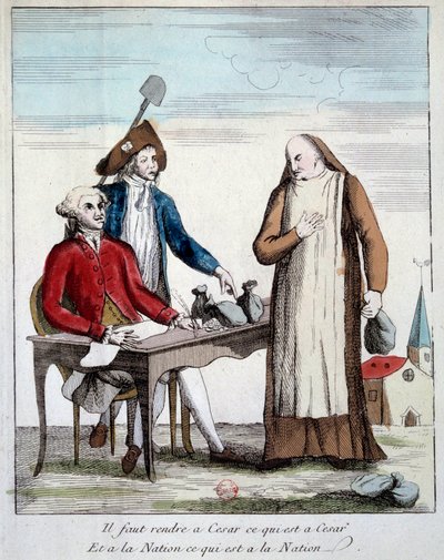 Die Französische Revolution: karikaturistische Darstellung eines Mitglieds des Klerus, das gezwungen ist, das Eigentum der Kirche zurückzugeben. „Man muss dem Kaiser geben, was des Kaisers ist, und der Nation, was der Nation ist.“ Gravur von 1790 Paris, Bi von French School