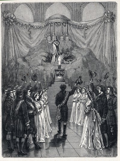 Französische Revolution: Die Göttin der Vernunft in der Kathedrale Notre Dame in Paris während einer Feier zu Ehren der Zerstörung des Fanatismus am 10. November von French School