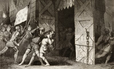 Französische Ritter greifen eine von Engländern gehaltene Stadt während des Hundertjährigen Krieges an, aus 