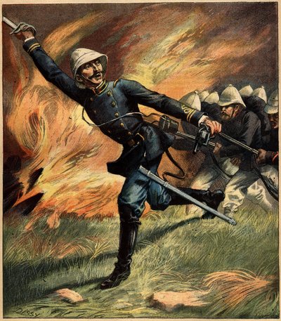 Französischer Offizier in Tonkin während einer Schlacht gegen die chinesische Armee; 1891. Gravur in La Terre Illustrée von French School