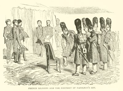 Französische Soldaten und das Porträt von Napoleons Sohn (Stich) von French School