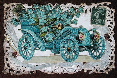 Freundschaftsgrußkarte mit einem mit Blumen bedeckten Auto, frühes 20. Jahrhundert von French School