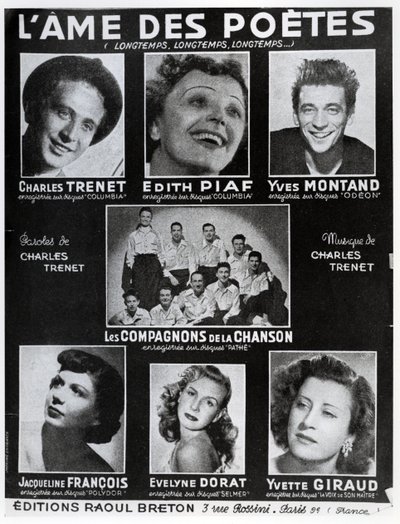 Titelseite der Partitur des Liedes LAme des Poetes mit Text und Musik von Charles Trenet, veröffentlicht in Paris von Editions Raoul Breton von French School