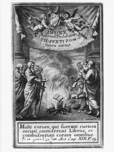 Frontispiz des Index Librorum Prohibitorum, das ein Auto-da-fé darstellt, 1786 von French School