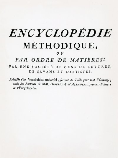 Frontispiz zur Methodischen Enzyklopädie nach Sachgebieten, herausgegeben von Denis Diderot und Jean Le Rond d