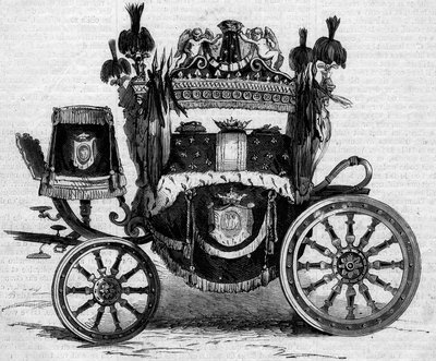 Leichenwagen, der während der Beerdigung von Prinz Jerome Bonaparte (1784-1860) verwendet wurde. Gravur in „Le Monde Illustré“ Nr. 169 vom 7. Juli 1860. von French School