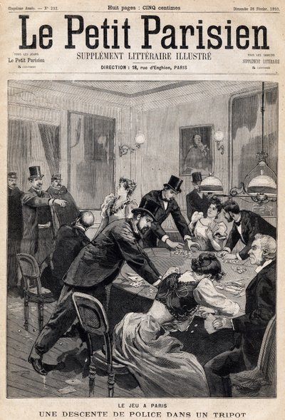 Spielhaus in Paris: Polizeirazzia in einem Glücksspielclub (Casino). In „Le Petit Parisien“ am 26.02.1893 (Gravur) von French School