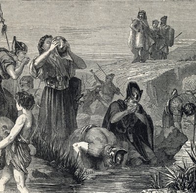 Gideon wird von Gott berufen, die Midianiter zu besiegen, und wählt seine Soldaten aus denen aus, die beim Trinken Wasser zum Mund führen von French School