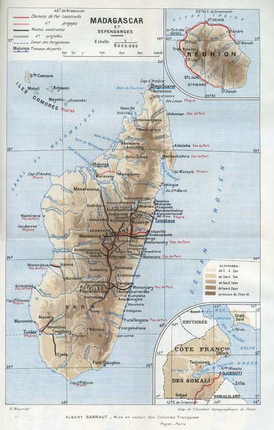 Geografische Karte der Kolonie Madagaskar und ihrer Abhängigkeiten, der Reunion und der französischen Küste von Somalia. in "La mise en valeur des colonies francaises", Albert Sarraut von French School