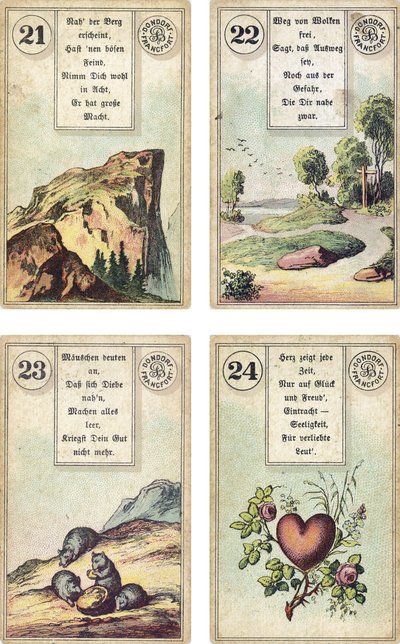 Deutsche Ausgabe des Lenormand französischen Kartendecks: Der Berg, Der Weg, Die Mäuse, Das Herz, veröffentlicht von Dondorf, Frankfurt, 19. Jahrhundert von French School