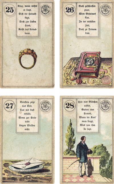 Deutsche Ausgabe des Lenormand französischen Kartendecks: Der Ring, Das Buch, Der Brief, Der Herr, veröffentlicht von Dondorf, Frankfurt, 19. Jahrhundert von French School