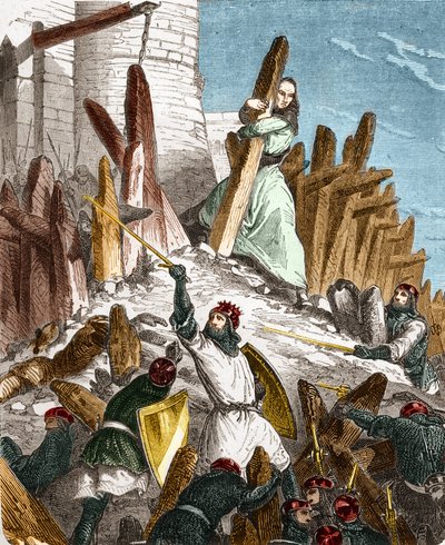 Krieg gegen Hugues du Puiset durch Ludwig den Dicken: Angriff auf das Schloss du Puiset (im Département Eure-et-Loir) durch die Truppen des Königs von Frankreich LOUIS VI. den Dicken im Jahr 1118. Gravur in „Histoire De France En Cent Paintings“ von Paul L von French School