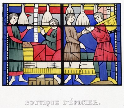 Lebensmittelladen. Faksimile eines mittelalterlichen Glasfensters in „Histoire de la peinture sur verre“ von Ferdinand de Lasteyrie von French School
