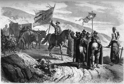 Gruppe von „Pifferari“ (Bettler und wandernde Musiker aus Italien), die die Provinz Abbruzzo nach Neapel zur Karwoche verlassen. Gravur in „Le Monde Illustré“ Nr. 364 vom 2. April von French School