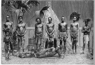 Gruppe von Männern der angolanischen Truppe, ausgestellt in Paris während der Weltausstellung 1889 (Menschlicher Zoo) von French School