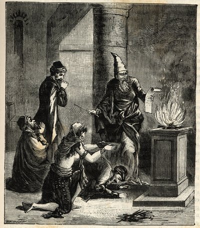 Guebres (oder Zoroastrier) - Feueranbeter - Gravur in „Sciences à la portée de tous - Physik und Chemie für alle“ von Alexis Clerc. Spätes 19. Jahrhundert. Private Sammlung von French School