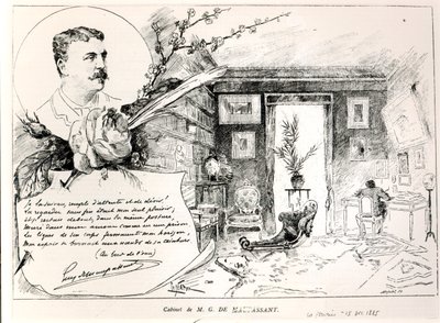Guy de Maupassant und sein Arbeitszimmer von French School