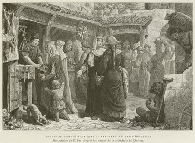 Pariser Markthallen und Händlerläden im 13. Jahrhundert (Stich) von French School