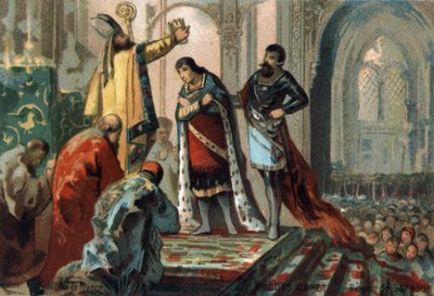 Hugo Capet, König von Frankreich (987-996), lässt seinen Sohn, den zukünftigen Robert II. den Frommen (972 - 1031), von Adalberon, Erzbischof von Reims, in der Kathedrale von Orléans krönen, um das Prinzip der Erbfolge zu etablieren, 987. Chromolithographi von French School