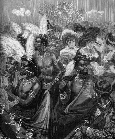 Menschlicher Zoo: Zulu-Krieger im Cabaret des Folies Bergeres in Paris 1879 ausgestellt. Gravur in 