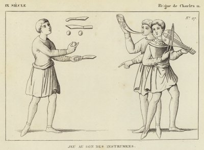 9. Jahrhundert, Herrschaft von Karl II., Spiel zu den Klängen der Instrumente (Gravur) von French School