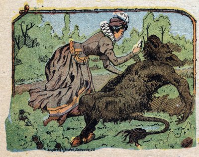 Illustration zum Märchen "Die Schöne und das Biest": die Schöne erweckt das Biest, das vor Schmerz ohnmächtig geworden ist, als sie den Heiratsantrag ablehnte. Gravur von Quinn imagery, ca. 1890 von French School