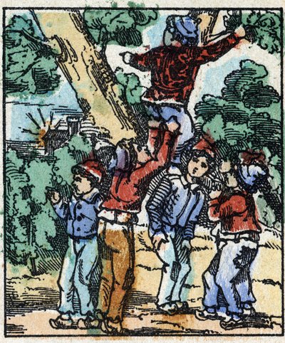 Illustration des Märchens „Der kleine Däumling“ von Charles Perrault. Holzschnitt von Imaging Pellerin - Epinal, sp. Ende des 19. Jahrhunderts. von French School