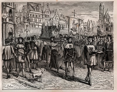 Im Jahr 1318 rief der Bischof von Paris den Klerus der Stadt zur Überführung der Reliquien des Heiligen Magloire zusammen - Eine Prozession begann, die Kirche Saint-Magloire in der Rue Saint-Denis zu verlassen und ging über die Rue aux Ours zum Friedhof vo von French School