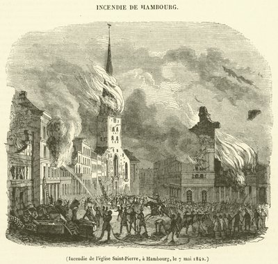 Brand der Kirche Saint-Pierre in Hamburg am 7. Mai 1842 von French School