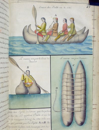 Indianer der Südsee, die Boote namens Balds benutzen von French School