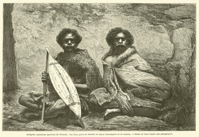 Australische Ureinwohner (Provinz Victoria); einer von ihnen trägt einen Schild aus Eukalyptus- oder Banksia-Rinde (Gravur) von French School