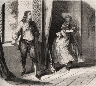 Jean Baptiste Poquelin, genannt Moliere (1622-1673), machte der Komödiantin Mademoiselle de Brie (Catherine Leclerc du Rose) einen Heiratsantrag von French School