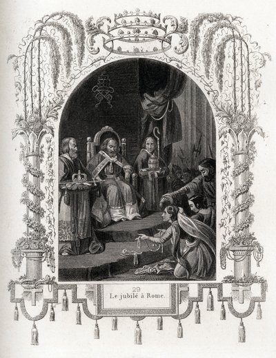 Jubiläum in Rom im Jahr 1450, während des Pontifikats von Nikolaus V. (1447-1455). Gravur zur Illustration der „Geschichte der Päpste“ von Maurice Lachatre (1814-1900) von French School