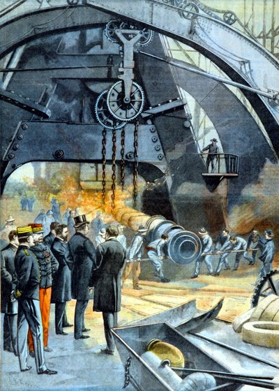 König Carlos I. (Karl I. von Portugal) in den Ateliers du Creusot in „Le Petit Parisien“ vom 26.02.1899 von French School