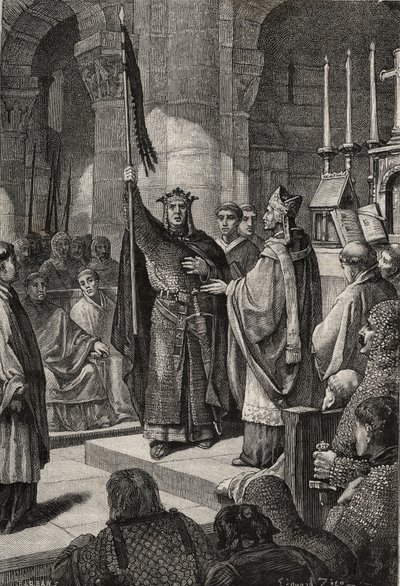 König Ludwig VII. (1120-1180) nimmt das Oriflamme in der Basilika von Saint Denis in Anwesenheit von Königin Alienor von Aquitanien und erhält die Hummel und den Pannetiere des Pilgers aus den Händen von Papst Eugen III. (? -1153) vor seiner Abreise... von French School