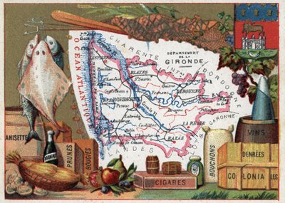 La Gironde (33), Aquitanien, Frankreich. Lokale Spezialität: Fisch, Anisette, Bordeauxwein, Pflaumen, Kerzen, Zigarren, Korken und Kolonialwaren. Serie über die französischen Departements. Chromolithographie „der geografische Faden“, um 1920. Private Samml von French School