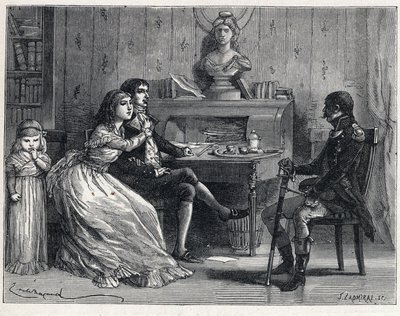 Der Terror während der Französischen Revolution: Camille Desmoulins (1760-1794), inhaftiert, erhält Besuch von seiner Frau Lucile (1770-1794) und dem Marschall Guillaume Brune (1763-1815) von French School