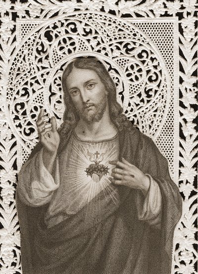 Spitzenkarte mit Darstellung des Heiligen Herzens Jesu, 19. Jahrhundert von French School