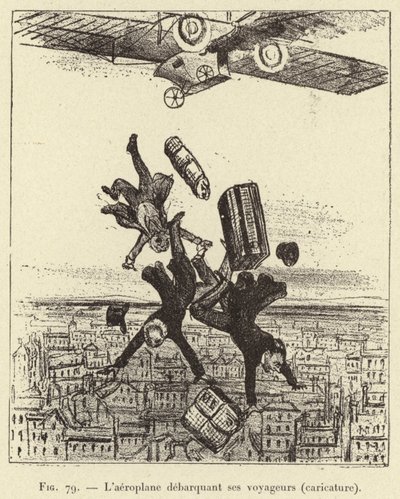 Das Flugzeug entlädt seine Passagiere (Karikatur) (Gravur) von French School