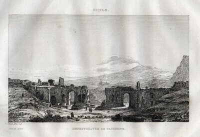 Das Amphitheater - Taormina - Sizilien - Gravur aus „Italien Picturesque - Historische und beschreibende Malerei von Italien“ von M. de Norvins, Ch. Nodier 1834-1836 von French School