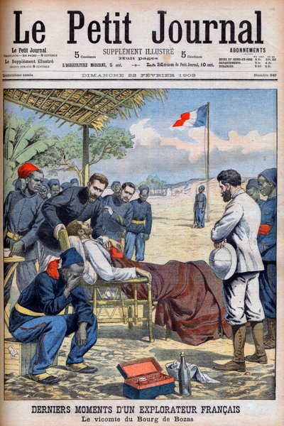 Letzte Momente eines französischen Entdeckers Viscount Pierre Marie Robert Du Bourg de Bozas (1871-1903) im Bourg de Boza in tropischem Afrika „Le Petit Journal“ vom 22. Februar von French School