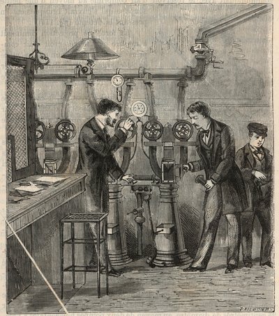 Das Büro der pneumatischen Post in Paris - Gravur in „Wissenschaften für jedermann - Physik und Chemie“ von Alexis Clerc - Ende des 19. Jahrhunderts - Private Sammlung von French School