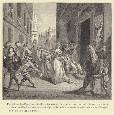Abreise der italienischen Komödianten nach der Schließung des Theaters der Comédie-Italienne auf Befehl des Königs am 4. Mai 1697 (Stich) von French School