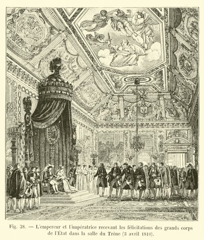Der Kaiser und die Kaiserin empfangen die Glückwünsche der großen Staatsorgane im Thronsaal, 3. April 1810 von French School