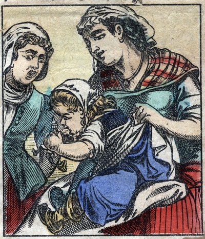 Lemuel Gulliver im Land der Riesen von Brobdingnag. Illustration für „Gullivers Reisen“ von Jonathan Swift (1667-1745). Epinal-Bild Ende des 19. Jahrhunderts. von French School