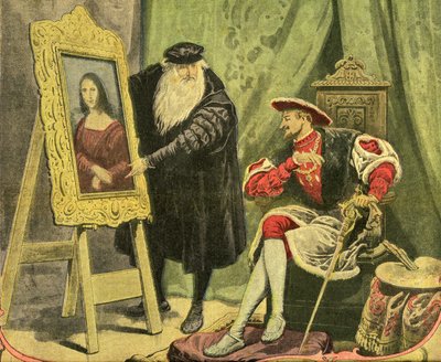 Leonardo da Vinci präsentiert sein Gemälde La Mona Lisa (Mona Lisa, Monna Lisa) an Franz I., der es 1517 für 4000 Goldgulden (15 Kilo Gold) kaufte. Gravur auf dem Titelblatt des illustrierten Supplements des Petiure Journals Nr. 1206, 28/12/1913. von French School