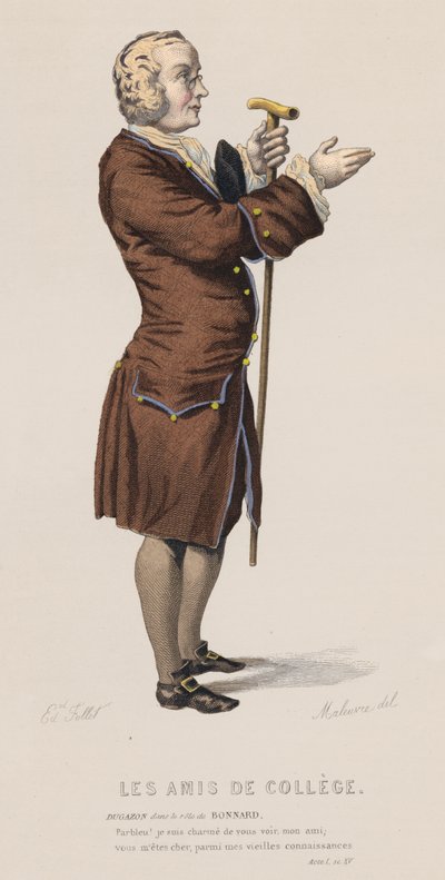 Les Amis De College, Akt I, Szene XV (farbiger Stich) von French School