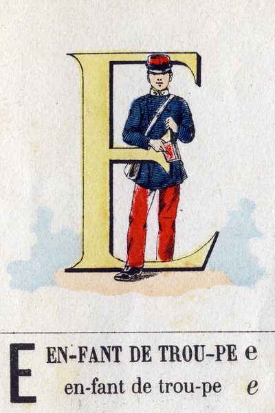 Buchstabe E als Truppenkind. Militäralphabet. Bildmaterial von Epinal, ca. 1870-1880. Schablonenfarbige Holzschnitte. von French School
