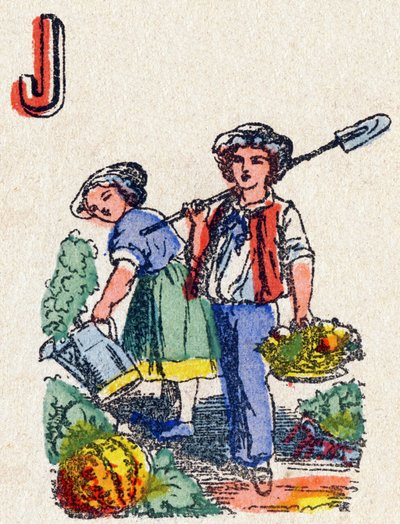 Buchstabe J Gärtner. Gravur in "Alphabet des jeux" von French School